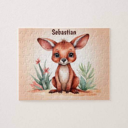 かわいい水彩赤カンガルーパーソナライズされたキッズ ジグソーパズル (横)