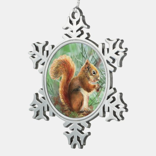 かわいい水彩赤キツネ動物自然アート スノーフレークピューターオーナメント (右)