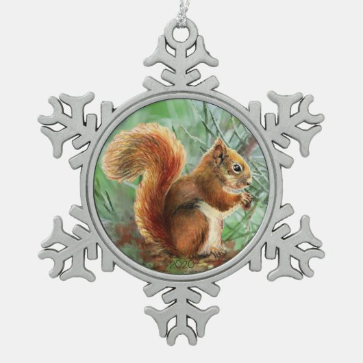 かわいい水彩赤キツネ動物自然アート スノーフレークピューターオーナメント (正面)