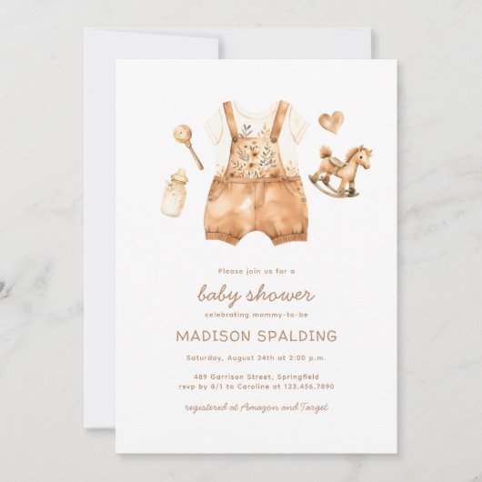 かわいい水彩赤男女兼用ちゃんシャワー 招待状 (正面)