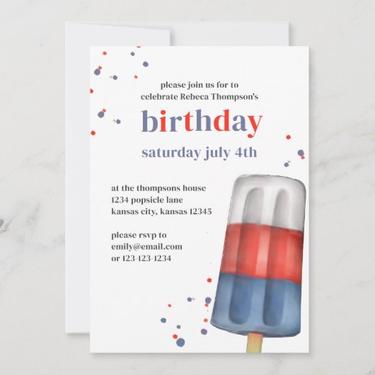 かわいい水彩赤白青夏のポピュシクル 招待状 (正面)