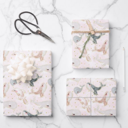 かわいい水彩赤面ピンクホエールドルフィンアニマル ラッピングペーパーシート (正面)