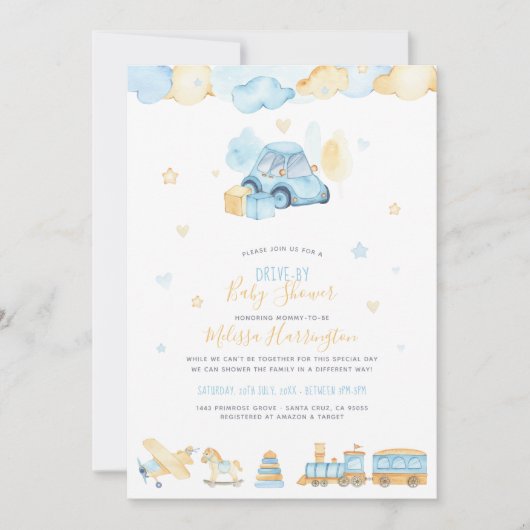 かわいい水彩車の男の赤ちゃんドライブbyベビーシャワー 招待状 (正面)