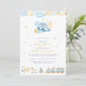 かわいい水彩車の男の赤ちゃんドライブbyベビーシャワー 招待状 (スタンド正面)