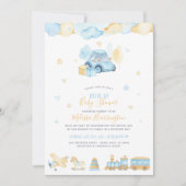 かわいい水彩車の赤ちゃん男の子ドライブバイ ベビーシャワー 招待状 (正面)