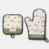 かわいい水彩農場のパターン 鍋つかみ&鍋敷きセット (正面)