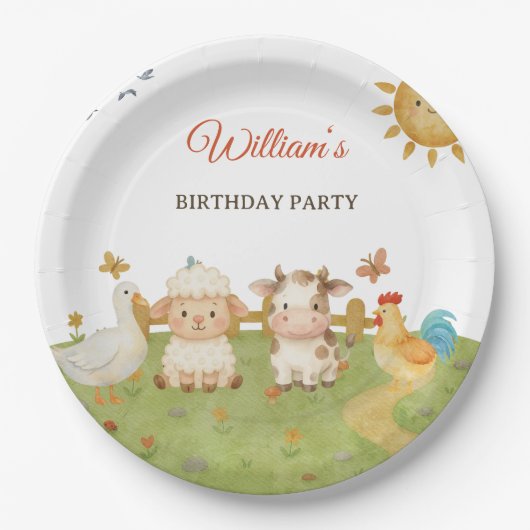 かわいい水彩農場の動物の誕生日 ペーパープレート (正面)