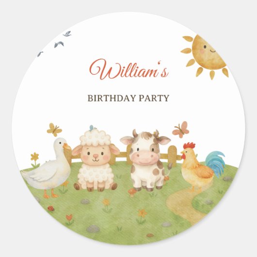 かわいい水彩農場の動物の誕生日 ラウンドシール (正面)