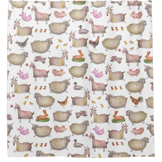 かわいい水彩農家の納屋の動物の絵柄 シャワーカーテン (正面)