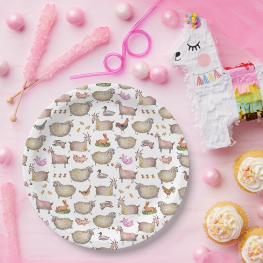 かわいい水彩農家の納屋の動物の絵柄 ペーパープレート (パーティー)