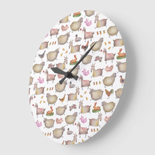 かわいい水彩農家の納屋の動物の絵柄 ラージ壁時計 (傾斜)