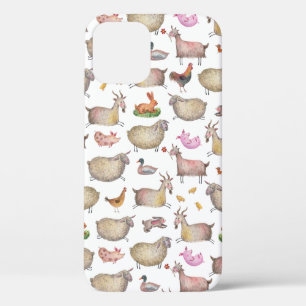 かわいい水彩農家の納屋の動物の絵柄 iPhone 12ケース