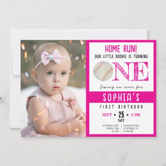 かわいい水彩野球フォトガール1歳の誕生日 招待状 (正面)