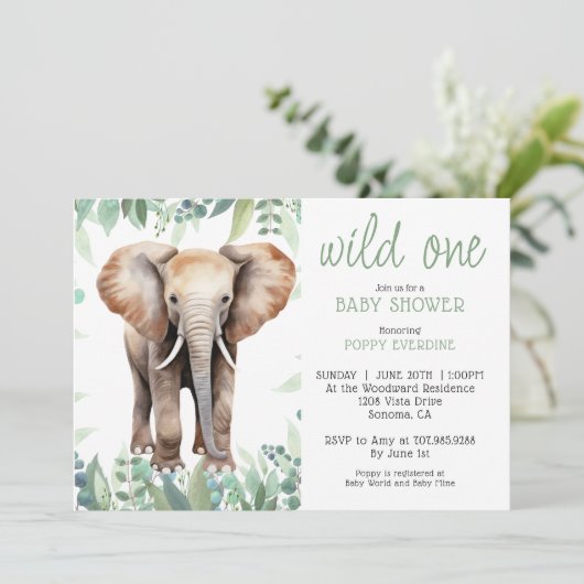 かわいい水彩野生の一象の赤ちゃんシャワー 招待状 (スタンド正面)