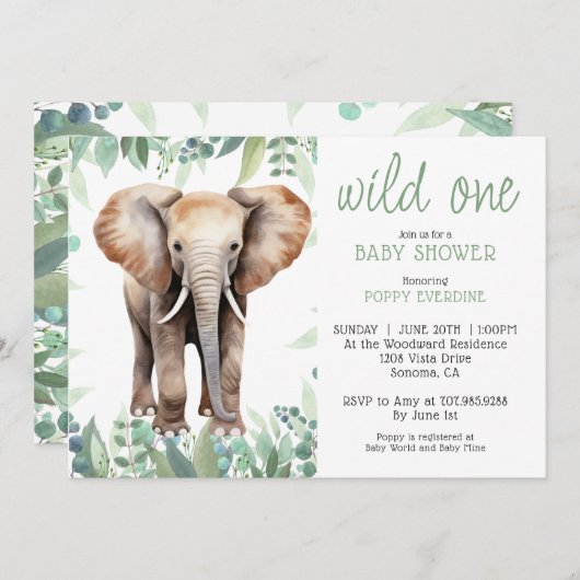 かわいい水彩野生の一象の赤ちゃんシャワー 招待状 (正面/裏面)
