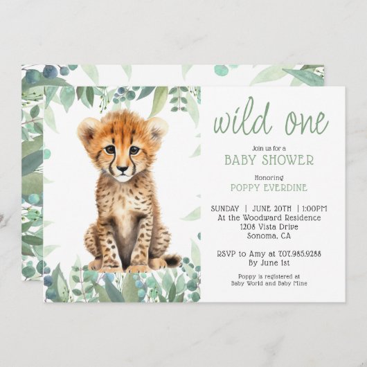 かわいい水彩野生の一頬ベビーシャワー 招待状 (正面/裏面)