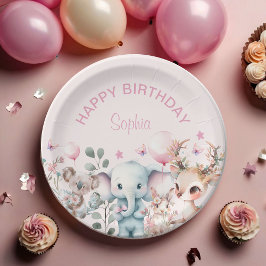 かわいい水彩野生動物ピンクガール誕生日 ペーパープレート