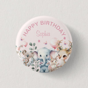 かわいい水彩野生動物ピンクガール誕生日 缶バッジ