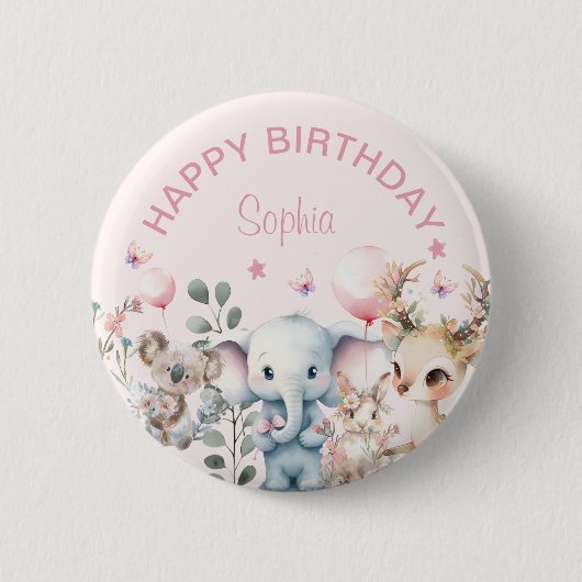 かわいい水彩野生動物ピンクガール誕生日 缶バッジ (正面)