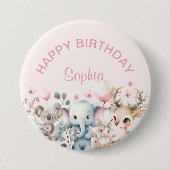 かわいい水彩野生動物ピンクガール誕生日 缶バッジ (正面)