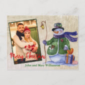 かわいい水彩雪だるまの写真クリスマス ポストカード (正面)