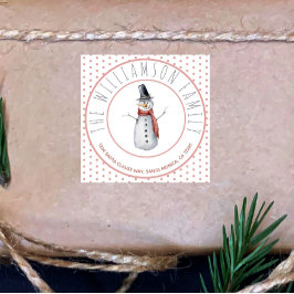 かわいい水彩雪だるまファミリー名水玉模様 スクエアシール