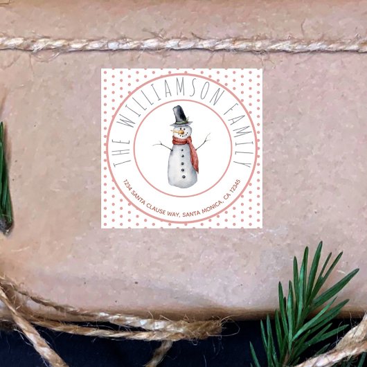 かわいい水彩雪だるまファミリー名水玉模様 スクエアシール
