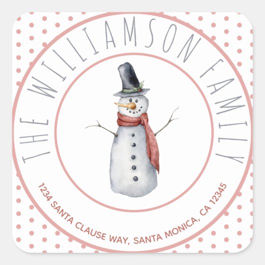 かわいい水彩雪だるまファミリー名水玉模様 スクエアシール (正面)