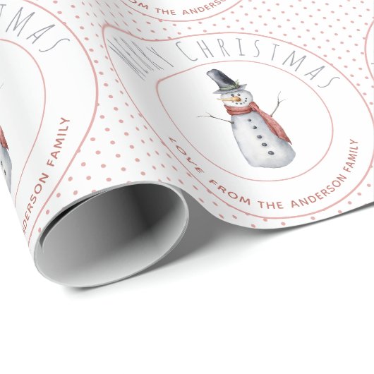 かわいい水彩雪だるまファミリー名水玉模様 ラッピングペーパー (ロールコーナー)