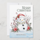 かわいい水彩雪だるま サンタ帽 & 花飾り シーズンカード (正面)