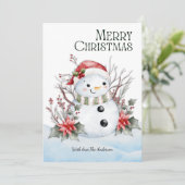 かわいい水彩雪だるま サンタ帽 & 花飾り シーズンカード (スタンド正面)