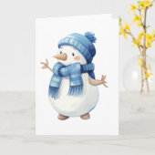 かわいい水彩雪だるま（青いマフラーと帽子） カード (黄色い花)