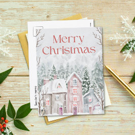 かわいい水彩雪の村メリークリスマス シーズンポストカード