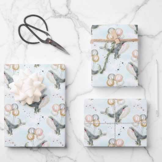 かわいい水彩青いクジラ海動物デコール ラッピングペーパーシート (正面)