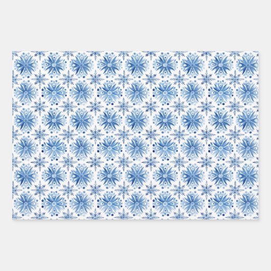 かわいい水彩青いクリスマスの雪片ラッピング ラッピングペーパーシート (正面3)