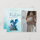 かわいい水彩青いドラゴンベビーシャワー サンキューカード (正面/裏面)