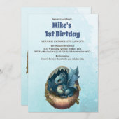 かわいい水彩青いドラゴンベビーシャワー 招待状 (正面/裏面)