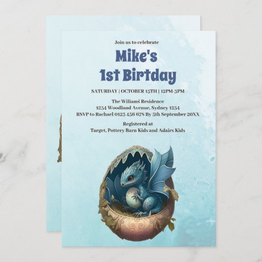 かわいい水彩青いドラゴンベビーシャワー 招待状 (正面/裏面)