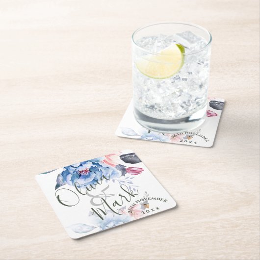 かわいい水彩青いフローラかわいらしスクリプ結婚ト スクエアペーパーコースター (インサイチュ)