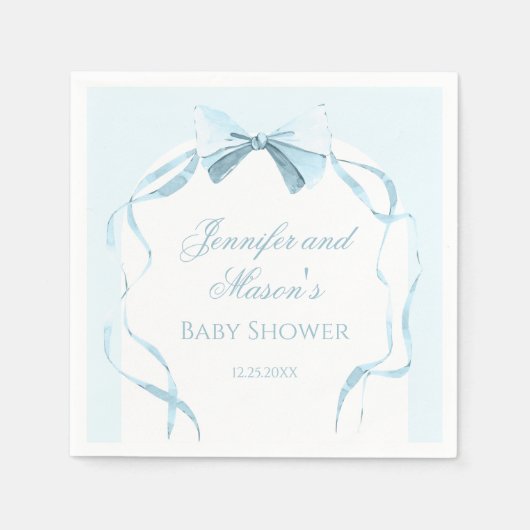 かわいい水彩青いリボン男の赤ちゃんシャワー スタンダードカクテルナプキン (正面)