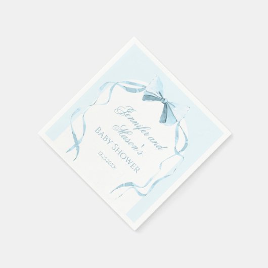 かわいい水彩青いリボン男の赤ちゃんシャワー スタンダードカクテルナプキン (角)