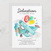 かわいい水彩青い飛行機バルーン子供の誕生日 招待状 (正面/裏面)