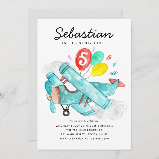 かわいい水彩青い飛行機バルーン子供の誕生日 招待状 (正面/裏面)