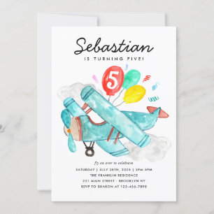 かわいい水彩青い飛行機バルーン子供の誕生日 招待状