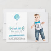 かわいい水彩青風船写真誕生日パーティー 招待状 (正面)