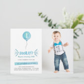 かわいい水彩青風船写真誕生日パーティー 招待状 (スタンド正面)