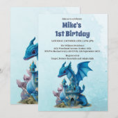 かわいい水彩青龍1歳誕生日 招待状 (正面/裏面)