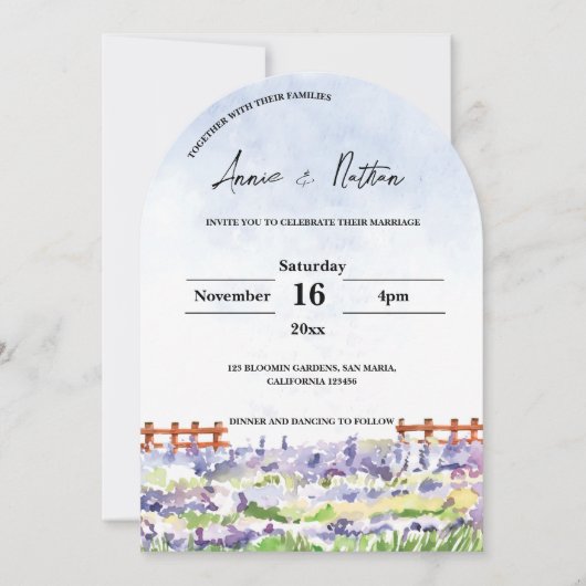 かわいい水彩風景ラベンダーフィー結婚ルド 招待状 (正面)
