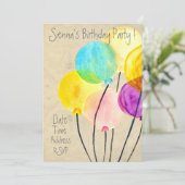 かわいい水彩風船カラフル誕生パーティー 招待状 (スタンド正面)