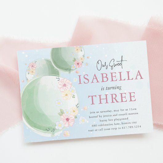 かわいい水彩風船子供の誕生日パーティー 招待状